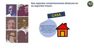O grupo é mais dividido com
relação a viver com os filhos.
Quando vivem juntos a
maioria não mora com os
filhos e sim os filhos moram
com com os pais.
Nos aspectos comportamentais destacam-se
os seguintes traços:
 