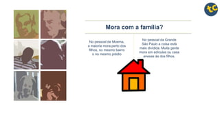 Mora com a família?
No pessoal de Moema,
a maioria mora perto dos
filhos, no mesmo bairro
o no mesmo prédio
No pessoal da Grande
São Paulo a coisa está
mais dividida. Muita gente
mora em edículas ou casa
anexas às dos filhos.
 