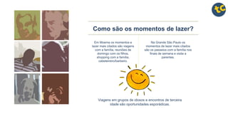 Em Moema os momentos e
lazer mais citados são viagens
com a família, reuniões de
domingo com os filhos,
shopping com a família,
cabeleireiro/barbeiro.
Na Grande São Paulo os
momentos de lazer mais citados
são os passeios com a família nos
finais de semana e visita a
parentes.
Como são os momentos de lazer?
Viagens em grupos de idosos e encontros de terceira
idade são oportunidades esporádicas.
 