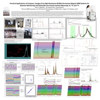 Practical Applications of Compact, Cryogen-Free High-Resolution 60 MHz Permanent Magnet NMR Systems for
Reaction Monitoring and Online/At-Line Process Control Observing 1H, 19F, and 31P
John C. Edwards*, Tal Cohenⱡ, Paul J. Giammatteo*
*Process NMR Associates, LLC, 87A Sand Pit Rd, Danbury, CT 06810 USA, ⱡ Aspect AI, Shoham, Israel
For the past two decades high resolution 1H NMR at 60 MHz has been utilized to monitor the chemical physical properties of refinery and petrochemical feedstreams and products1. These approaches involve the use of partial least squares regression modelling to correlate NMR spectral variability with ASTM
and other official test methods, allowing the NMR to predict results of physical property tests or GC analysis. The analysis is performed in a stop flow environment where solenoid valves are closed at the beginning of the NMR experiment. This approach allows up to 5 or 6 different sample streams to be sent
to the sample in order to maximize the impact of the instrument. The current work with these permanent magnet NMR systems is to utilize them as chemistry detectors for bench-top reaction monitoring, mixing monitoring, dilution monitoring, or conversion monitoring. In the past use of NMR for these
applications has been limited by the need to bring the “reaction” to the typical "superconducting” NMR lab. A compact high resolution NMR system will be described that can be situated on the bench-top or in the fume hood to be used as a continuous or stop-flow detector and/or an “in-situ” reaction
monitoring system. The system uses a unique 1.4 Tesla permanent magnet that can accommodate sample diameters of 3-10 mm with half-height resolution approaching 1-3 Hz (depending on the sample size) and excellent single pulse sensitivity. Reaction monitoring can be performed using a simple flow cell
analyzing total system volumes of 2 to 5 mL depending on the length and diameter of the transfer tubing. Further, detection limits of analytes in the 200+ ppm range are possible without the use of typical deuterated NMR solvents. Analysis times of 5 to 20 seconds are also possible at flow rates of 1 to 20+
ml/minute. Reaction monitoring directly in standard 5-10 mm NMR tubes using conventional (non-deuterated) reactants, solvents and analytes will also be described. Examples of 1H, 19F and 31P analyses will be described.
1. “Process NMR Spectroscopy: Technology and On-line Applications” John C. Edwards, and Paul J. Giammatteo, in Process Analytical Technology: Spectroscopic Tools and Implementation Strategies for the Chemical and Pharmaceutical Industries, 2nd Ed., Editor Katherine Bakeev, Blackwell-Wiley, 2010
Abstract
Example Application: Steam Cracking Optimization Installed at BASF, Ludwigshaven 2000
Cracker Facility Capacity: 600,000 Tonnes per Year
Control Strategy: Feed Forward Detailed Hydrocarbon Analysis to SPYRO Optimization
NMR Analysis: 3-4 Minute Cycle (Single Stream)
NMR PLS Outputs: Naphtha – Detailed Hydrocarbon PONA Analysis, Density
C4-C10 normal-paraffin, iso-paraffin, aromatics, naphthenes
1st Generation NMR Analyzer
Invensys –Foxboro - 1998-2003
2nd Generation NMR Analyzer
Qualion Ltd. 2003-2011
Typical NMR Analyzer
Environment
Shelter House at Base of
Vaccuum Tower
Sample system providing
2 conditioned streams to NMR
Analyzer
3rd Generation NMR Analyzer
Modcon-Xentaur-Aspect AI
Actual Toluene (Wt%)
PredictedToluene(Wt%)(F9C1)
PLS Model
for Toluene Wt% by PIONA GC
1
2
3
45
6
7
8
9
10
11
12
13
14
15
16
17
18
19
20
21
22
2325
26
27
28
29
30
31
32
33
34
35
36
37
3839
40
41
42
43
44
45
46
49
50
51
53
5456
58
59
62
63
66
68
69
70
71
73
75
76
77
78
79
80
82
83
84
85
86
87
88
90
91
9293
94
95
9697
98
99
101
102
103
104
105
106
108
109
110
111
112
113
114
115
116
117
118
119120
121
122123
124
125
126
127
128
129130131132133134135136137
138
139140
141142143
144145146
147148
149
150151152
156157158
159160161
162163164
165166167
168169170
171172173
174175176
177
178179
180181182
183184185
186187188
189190191
192193194
195196197
198199200
201202203
204205206
207208209210211212
213214215
216217218
219
220221 222223224
225226227
228229230
231232233
234235236
237238
239240241242243244245246247248249250251
252
253
254
255256257
258259260261262263
264265266
267268269
270271272
273274275
279280281282
283284285
286287
288
289290291
292293294
295296
297298299300
301302303
304305306
307308309
310311312
313314315
319320321
322323324325326327
328329330
331332333334335336
337338339
340341342343344345
346347348
349350351
352353354
355356357
358359360
361362363
364365366367368369
370371372
373374375
376377378
379380381382383384
385386387
388389390391
392393
394395396
397398399400401402
403404405
406407408
409410411
412413414
427428429 430431432
433434435
436
437
438
439440441
445446447
448449450
451452453454455456
457458
459
460461
462
463464
465
466
467
471472473
477478
481482
483484485
489490493494495496
-.5
1
2.5
4
5.5
0 1.5 3 4.5
Spectral Units ( )
BetaCoefficient(F9C1)
0
10 40 70 100 130
-1.5
1.5
10 40 70 100 130
Cyclopentane
Date
Wt%
GC
NMR
0
2
4
6
8
10
12
14
16
1 147 293 439 585 731 877 1023 1169 1315 1461 1607 1753
iso-C5
iso-C6
iso-C7
iso-C8
iso-C9
4 Month Comparison of Online NMR Prediction and Laboratory GC Analysis
Predictive Vector for Toluene PLS Model
96 Hours of Online Variability Observed by NMR Analyzer for iso-paraffin components
0
0.5
1
1.5
2
2.5
3
3.5
4
1 167 333 499 665 831 997 1163 1329 1495 1661
Benzene
Toluene
Ethyl-Benzene
Xylenes
96 Hours of Online Variability Observed by NMR Analyzer for aromatic components
Examples of the expected resolution obtained on various essential oils at 60 MHz
2.5 2.0 1.5 1.0 ppm
CH3
CH3
CH3
O
O
CH3
CH3
CH3
CH3
OH
OH
O
CH3
A
B
C
D
CH3
O
O
O
CH3
E
E
B
D
A
C
2.5 2.0 1.5 1.0 ppm
60 MHz NMR Reaction
5mm NMR Tube
T-Butyl Alcohol
Reacting with Acetic Anhydride
In the presence of dilute acid.
Aspect 60 MHz NMR System
Sucrose Hydrolysis
Sucrose a-glucose
b-glucose
Esterification of t-BuOH
Integral Graph
And Integration Plot
Esterification of t-BuOH
Superimposed Spectrum Plot
1-Propanol Esterification with Acetic Anhydride
Pure Solution – No Solvent – No Acid Catalyst
8 Hour Reaction Profile
AcAn (7)
AcAn
Acetic Acid
T-BuOH
T-Bu-Ester
Ac-Ester
OH
O
CH3
CH3
O
O
O
CH3
O
O
CH3
CH3
CH3
OH
1,2
1
2 3
3
4
4
5
56
6
7
7
8
8,9
9
Esterification of 1-Propanol by Acetic Anhydride
Integral Plots for Reaction Profile
Ac-Ester
Acetic Acid
1-Pr-Ester
1-PrOH
 