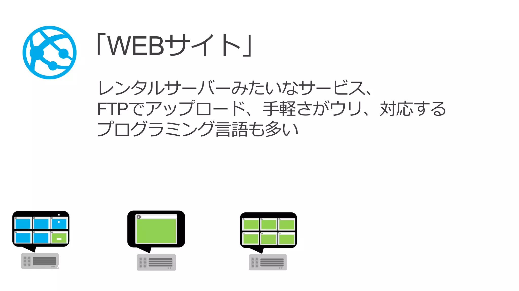 「WEBサイト」
レンタルサーバーみたいなサービス、
FTPでアップロード、手軽さがウリ、対応する
プログラミング言語も多い
 