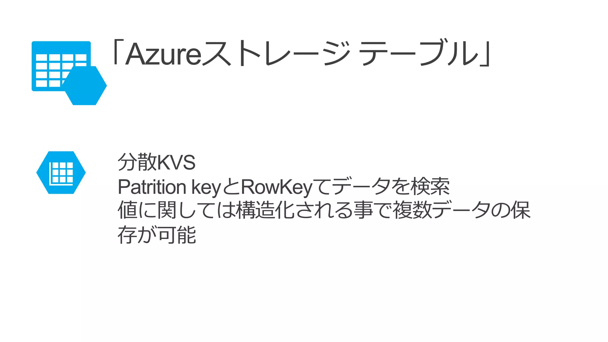 「Azureストレージ テーブル」
分散KVS
Patrition keyとRowKeyてデータを検索
値に関しては構造化される事で複数データの保
存が可能
 