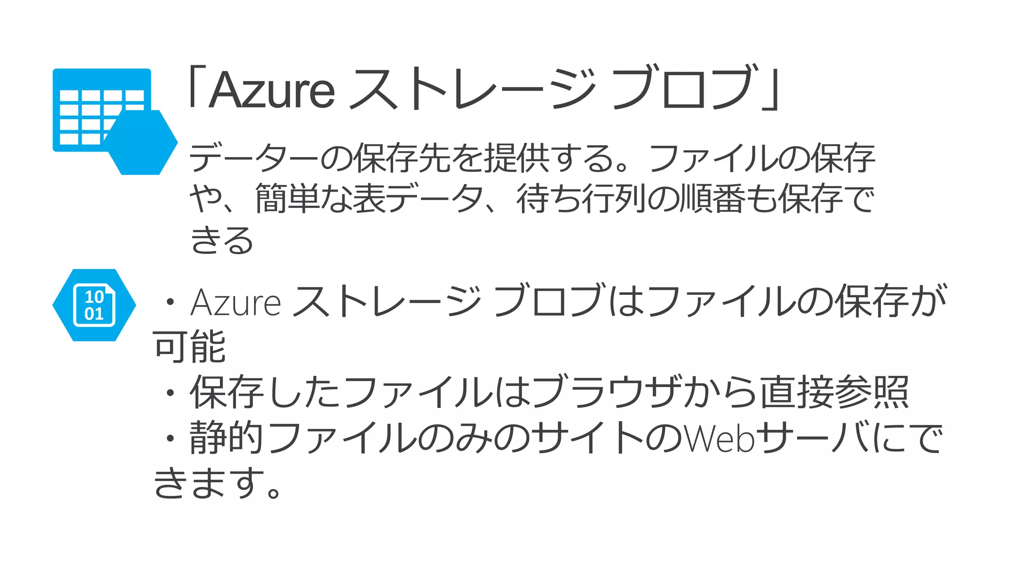 「Azure ストレージ ブロブ」
データーの保存先を提供する。ファイルの保存
や、簡単な表データ、待ち行列の順番も保存で
きる
・Azure ストレージ ブロブはファイルの保存が
可能
・保存したファイルはブラウザから直接参照
・静的ファイルのみのサイトのWebサーバにで
きます。
 