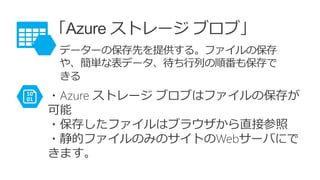「Azure ストレージ ブロブ」
データーの保存先を提供する。ファイルの保存
や、簡単な表データ、待ち行列の順番も保存で
きる
・Azure ストレージ ブロブはファイルの保存が
可能
・保存したファイルはブラウザから直接参照
・静的ファイルのみのサイトのWebサーバにで
きます。
 