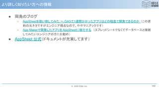 © 2020 ESM, Inc.
より詳しく知りたい方への情報
● 岡島のブログ
○ AppSheetを使い倒してみた ～ GASで1週間かかったアプリはどの程度で開発できるのか （この資
料の元ネタですがエンジニア視点なので、ややマニアックです）
○ App Makerで開発したアプリをAppSheetに移行する （スプレッドシートでなくてデータベースと接続
してみたいエンジニアの方にお勧め）
● AppSheet 公式（ドキュメントが充実してます）
100
 