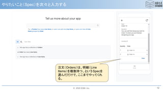 © 2020 ESM, Inc.
やりたいこと（Spec）を次々と入力する
12
注文（Orders）は、明細（Line
Items）を複数持つ、という Specを
選んだだけで、ここまでやってくれ
る。
 