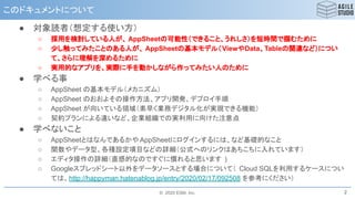 © 2020 ESM, Inc.
このドキュメントについて
● 対象読者（想定する使い方）
○ 採用を検討している人が、 AppSheetの可能性（できること、うれしさ）を短時間で掴むために
○ 少し触ってみたことのある人が、 AppSheetの基本モデル（ViewやData、Tableの関連など）につい
て、さらに理解を深めるために
○ 実用的なアプリを、実際に手を動かしながら作ってみたい人のために
● 学べる事
○ AppSheet の基本モデル（メカニズム）
○ AppSheet のおおよその操作方法、アプリ開発、デプロイ手順
○ AppSheet が向いている領域（素早く業務デジタル化が実現できる機能）
○ 契約プランによる違いなど、企業組織での実利用に向けた注意点
● 学べないこと
○ AppSheetとはなんであるかや AppSheetにログインするには、など基礎的なこと
○ 関数やデータ型、各種設定項目などの詳細（公式へのリンクはあちこちに入れています）
○ エディタ操作の詳細（直感的なのですぐに慣れると思います )
○ Googleスプレッドシート以外をデータソースとする場合について（ Cloud SQLを利用するケースについ
ては、http://happyman.hatenablog.jp/entry/2020/02/17/092508 を参考にください）
2
 