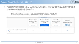 © 2020 ESM, Inc.
Google Cloud ファミリーの一員として
● Google Workspace （旧G Suite）の、Enterprise エディションだと、追加料金なしで
AppSheetが利用できる（っぽい）
https://workspace.google.co.jp/intl/ja/pricing.html より
5
 