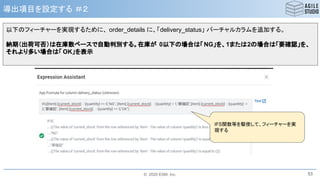 © 2020 ESM, Inc.
導出項目を設定する ＃２
53
以下のフィーチャーを実現するために、 order_details に、「delivery_status」 バーチャルカラムを追加する。
納期（出荷可否）は在庫数ベースで自動判別する。在庫が 0以下の場合は「NG」を、1または2の場合は「要確認」を、
それより多い場合は「 OK」を表示
IFS関数等を駆使して、フィーチャーを実
現する
 