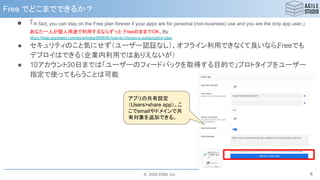 © 2020 ESM, Inc.
Free でどこまでできるか？
● 「In fact, you can stay on the Free plan forever if your apps are for personal (non-business) use and you are the only app user.」
あなた一人が個人用途で利用するならずっと FreeのままでOK。By
https://help.appsheet.com/en/articles/969649-how-to-choose-a-subscription-plan
● セキュリティのこと気にせず（ユーザー認証なし）、オフライン利用できなくて良いなら、Freeでも
デプロイはできる（企業内利用ではありえないが）
● 10アカウント30日までは「ユーザーのフィードバックを取得する目的で」プロトタイプをユーザー
指定で使ってもらうことは可能
6
アプリの共有設定
（Users>share app）。こ
こでemailやドメインで共
有対象を追加できる。
 