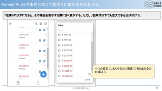 © 2020 ESM, Inc.
Format Rulesで条件に応じて見栄えに変化を与える ＃３
67
「在庫が0以下になると、その商品を表示する際に赤く表示する。ただし、在庫が0以下でも注文できる」を実現する。
一つの設定で、あらゆるUX（画面）で有効となるの
が嬉しい。
 