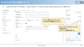 © 2020 ESM, Inc.
Workflowを手動で起動する ＃３
75
● ordersのVIEW OPTIONSに、先ほど作成した「 Create Order Sheet」をActionとして指定する
①ここに追加したアクションが
（※ Delete は標準のアクション）
②ここにタップできるアイコンとし
て表示される
（※アイコン絵柄は選べる）
 