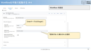 © 2020 ESM, Inc.
Workflowを手動で起動する ＃４
76
OrderテーブルをTargetに
「更新があった場合のみ」を選択
Workflow の設定
 