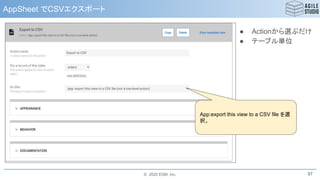 © 2020 ESM, Inc.
AppSheet でCSVエクスポート
97
App:export this view to a CSV file を選
択。
● Actionから選ぶだけ
● テーブル単位
 