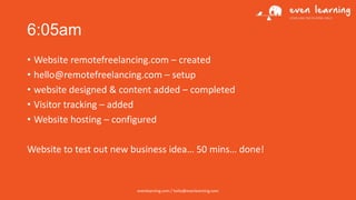 6:05am
• Website remotefreelancing.com – created
• hello@remotefreelancing.com – setup
• website designed & content added – completed
• Visitor tracking – added
• Website hosting – configured
Website to test out new business idea… 50 mins… done!

evenlearning.com / hello@evenlearning.com

 