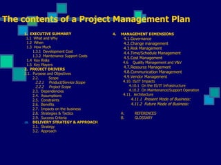 The contents of a Project Management Plan 1.  EXECUTIVE SUMMARY 1.1  What and Why 1.2  When 1.3  How Much 1.3.1  Development Cost 1.3.2  Maintenance Support Costs 1.4  Key Risks 1.5  Key Players 2.  PROJECT DRIVERS 2.1.  Purpose and Objectives 2.2. Scope 2.2.1 Product/Service Scope 2.2.2 Project Scope 2.3.   Dependencies 2.4.   Assumptions 2.5.   Constraints 2.6.   Benefits 2.7.   Impacts on the business 2.8.   Strategies & Tactics 2.9.   Success Criteria DELIVERY STRATEGY & APPROACH 3.1.   Strategy 3.2.   Approach 4.  MANAGEMENT DIMENSIONS 4.1. Governance 4.2. Change management 4.3. Risk Management 4.4. Time/Schedule Management 4.5. Cost Management   4.6  Quality Management and V&V 4.7. Resource Management 4.8. Communication Management 4.9. Vendor Management   4.10. IS/IT Impacts   4.10.1  On the IS/IT Infrastructure   4.10.2  On Maintenance/Support Operation    4.11.   Architecture 4.11.1   Present Mode of Business: 4.11.2   Future Mode of Business: A. REFERENCES B. GLOSSARY 