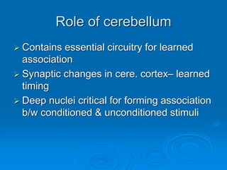 Role of cerebellum
 Contains essential circuitry for learned
association
 Synaptic changes in cere. cortex– learned
timing
 Deep nuclei critical for forming association
b/w conditioned & unconditioned stimuli
 