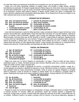 de cada lado hasta que aparezcan burbujitas en la superficie sin que se quemen (figura 5).
  Luego con una pinza apropiada coloque el chapati sobre una hornilla a fuego directo, también
brevemente de cada lado. El chapati (capati) deberá inflarse (figura 6). Esto toma unos cinco segundos
de cada lado repitiéndolo un par de veces. El chapati mostrará pequeños puntos o manchitas marrones
en la superficie. Cuando está todavía caliente, si desea, puede untarlo con ghee o mantequilla. Es
bueno servirlos calientes para acompañar diferentes platos. No se desanime si es que el chapati no se
infla; siempre esto toma un poco de práctica.

                                    CROQUETAS DE ESPINACA
  450 gms. de espinaca fresca      1 puñado de pimentón picado
  275 gms. de harina de alverjas   2 ajíes secos molidos
  200 gms. de requesón desme- 1/2 cucharadita de tomillo
      nuzado                     1/2 cucharadita de cilantro molido
    1 cucharada de ghee o aceite 2 cucharaditas de sal
    1 cucharadita de jengibre      - ghee o aceite para freír
  Lave bien las espinacas y quite los tallos grandes, luego sumerja las hojas en agua hervida por unos
minutos. Escúrralas bien, apretándolas. Pique las hojas bien menudas. En una olla mediana, caliente el
ghee o el aceite y frite el pimentón, jengibre, ajíes y luego las especias molidas. Añada el requesón
desmenuzado, remueva para que se frite durante un minuto. Luego añada la espinaca. Agregue la sal
y mueva bien los ingredientes con una cuchara. Ponga la mezcla sobre una superficie plana, añada la
harina de alverjas y amase bien. Una vez amasada, forme bolitas de 2.5 cms. y frítelas en ghee o
aceite hasta que tomen un color ligeramente marrón. Luego coloque las bolitas en un recipiente de tal
manera que escurran. Puede servirlas acompañadas de salsa de tomate, o como guste.

                                      PASTEL DE ESPINACAS
    2   kgs. de espinacas            1/2   cucharadita de comino
  3/4   kgs. de tomates                1   cucharadita de orégano
  400   gms. de queso                  1   cucharadita de pimienta
  1/2   kg. de harina integral     1-1/2   cucharada de ghee o aceite
  100   gms. de mantequilla            1   taza de agua
    1   cucharada de ajonjolí          1   cucharada de sal
   Haga una masa con la harina integral, la mantequilla y el agua. Tome la mitad de esta masa y
extiéndala sobre un molde. Hornéela durante diez minutos. Mientras tanto lave y cocine las espinacas
hasta que estén suaves, luego píquelas bien.
   Ponga a calentar el aceite y agréguele el comino y el ajonjolí previamente molidos. Luego de 1
minuto agregue la pimienta y después la espinaca y la sal. Revuelva durante 5 minutos y cuando esté
listo póngalo sobre la masa previamente horneada. Corte el queso en tajadas delgadas y póngalo
sobre la espinaca. Corte el tomate en rodajas (si desea frítelo con el orégano) y póngalo sobre el
queso. Extienda la otra parte de la masa cubriendo todo el relleno. Hornee durante 15 ó 20 minutos.
                                       PASTEL DE VERDURAS
    1/2 kg. de judías                   1 pimentón
    1/4 kg. de zanahorias               1 cucharadita de jengibre
   600 gms. de requesón                 1 cucharada de orégano
   100 gms. de aceitunas                1 cucharada de sal
   250 gms. de harina integral         50 gms. de mantequilla
      2 mazorcas                        1 cucharada de ghee o aceite
    1/2 taza de agua
   Prepare la masa con la harina integral, la mantequilla y el agua, extiéndala sobre un molde. Póngala
a hornear durante 10 minutos. Ralle las zanahorias, pique las vainitas (judías) y desgrane las
mazorcas. Ponga todo a cocinar. Cuando esté listo saque las verduras de la olla y escúrralas bien en
un colador. Caliente el ghee o el aceite y ponga a freír el comino; a los pocos segundos, agregue el

                                                                                                     21
 