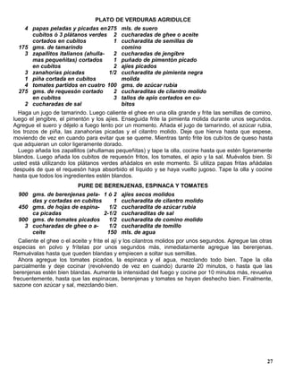 PLATO DE VERDURAS AGRIDULCE
    4 papas peladas y picadas en275         mls. de suero
      cubitos ó 3 plátanos verdes 2         cucharadas de ghee o aceite
      cortados en cubitos             1     cucharadita de semillas de
  175 gms. de tamarindo                     comino
    3 zapallitos italianos (ahulla-   2     cucharadas de jengibre
      mas pequeñitas) cortados        1     puñado de pimentón picado
      en cubitos                      2     ajíes picados
    3 zanahorias picadas            1/2     cucharadita de pimienta negra
    1 piña cortada en cubitos               molida
    4 tomates partidos en cuatro 100        gms. de azúcar rubia
  275 gms. de requesón cortado        2     cucharaditas de cilantro molido
      en cubitos                      3     tallos de apio cortados en cu-
    2 cucharadas de sal                     bitos
  Haga un jugo de tamarindo. Luego caliente el ghee en una olla grande y frite las semillas de comino,
luego el jengibre, el pimentón y los ajíes. Enseguida frite la pimienta molida durante unos segundos.
Agregue el suero y déjelo a fuego lento por un momento. Añada el jugo de tamarindo, el azúcar rubia,
los trozos de piña, las zanahorias picadas y el cilantro molido. Deje que hierva hasta que espese,
moviendo de vez en cuando para evitar que se queme. Mientras tanto frite los cubi tos de queso hasta
que adquieran un color ligeramente dorado.
  Luego añada los zapallitos (ahullamas pequeñitas) y tape la olla, cocine hasta que estén ligeramente
blandos. Luego añada los cubitos de requesón fritos, los tomates, el apio y la sal. Muévalos bien. Si
usted está utilizando los plátanos verdes añádalos en este momento. Si utiliza papas fritas añádalas
después de que el requesón haya absorbido el líquido y se haya vuelto jugoso. Tape la olla y cocine
hasta que todos los ingredientes estén blandos.
                          PURE DE BERENJENAS, ESPINACA Y TOMATES
  900 gms. de berenjenas pela- 1 ó 2 ajíes secos molidos
      das y cortadas en cubitos     1 cucharadita de cilantro molido
  450 gms. de hojas de espina-    1/2 cucharadita de azúcar rubia
      ca picadas                2-1/2 cucharaditas de sal
  900 gms. de tomates picados     1/2 cucharadita de comino molido
    3 cucharadas de ghee o a-     1/2 cucharadita de tomillo
      ceite                      150 mls. de agua
  Caliente el ghee o el aceite y frite el ají y los cilantros molidos por unos segundos. Agregue las otras
especias en polvo y frítelas por unos segundos más, inmediatamente agregue las berenjenas.
Remuévalas hasta que queden blandas y empiecen a soltar sus semillas.
  Ahora agregue los tomates picados, la espinaca y el agua, mezclando todo bien. Tape la olla
parcialmente y deje cocinar (revolviendo de vez en cuando) durante 20 minutos, o hasta que las
berenjenas estén bien blandas. Aumente la intensidad del fuego y cocine por 10 minutos más, revuelva
frecuentemente, hasta que las espinacas, berenjenas y tomates se hayan deshecho bien. Finalmente,
sazone con azúcar y sal, mezclando bien.




                                                                                                       27
 