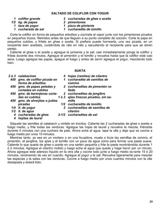 SALTADO DE COLIFLOR CON YOGUR
    1   coliflor grande                 2   cucharadas de ghee o aceite
  1/2   kg. de papas                    2   pimentones
    1   taza de yogur                   1   pizca de pimienta
    1   cucharada de sal                1   cucharadita de tomillo
   Corte la coliflor en forma de pequeños arbolitos y cocínela al vapor junto con los pimentones picados
en pequeños trozos. Retírelos antes de que lleguen a su punto completo de cocción. Corte la papa en
pequeños cubitos, y frítela en ghee o aceite. Si prefiere puede hornearla, una vez picada, en un
recipiente bien aceitado, cuidándola de rato en rato y sacudiendo el recipiente para que se doren
parejo.
   Caliente el ghee o el aceite y agregue la pimienta y la sal; casi inmediatamente ponga la coliflor y
frítela durante dos minutos. Agregue el pimentón y el tomillo y revuelva hasta que la coliflor esté casi
seca. Luego agregue las papas, apague el fuego y antes de servir agregue el yogur, mezclando todo
bien.

                                                SUKTA
2 ó 3 calabacines                    4      hojas (ramitas) de cilantro
 450 gms. de coliflor picada en      1      cucharadita de semillas de
      forma de arbolitos                    comino
 450 gms. de papas peladas y         2      cucharaditas de pimentón ra-
      cortadas en cubitos                   llado
 450 gms. de berenjenas corta-       2      cucharaditas de jengibre
      das en cubitos             1ó2        ajíes frescos picados, sin se-
 450 gms. de alverjitas o judías            milla
      picadas                      1/2      cucharadita de tomillo
  1/4 lt. de yogur                   2      cucharaditas de semillas de
  1/2 lt. de agua                           cilantro
    4 cucharadas de ghee         2-1/2      cucharaditas de sal
    4 hojitas de laurel
  Sáquele las semillas al calabacín y córtelo en trocitos. Caliente las 2 cucharadas de ghee o aceite a
fuego medio, y frite todas las verduras. Agregue las hojas de laurel y revuelva la mezcla, friéndola
durante 5 minutos con una cuchara de palo. Ahora eche el agua, tape la olla y deje que se cocine a
fuego medio por unos 10 minutos.
  Mientras tanto, ya sea en un mortero o en una licuadora, muela o licúe las semillas de comino, el
pimentón, el jengibre, los ajíes y el tomillo con un poco de agua como para formar una pasta suave.
Caliente lo que queda de ghee o aceite en una sartén pequeña y frite la pasta revolviéndola durante 1
ó 2 minutos. Agregue el cilantro molido y luego eche el agua que queda y haga hervir por un minuto.
Ahora agregue este aderezo líquido en la otra olla y cocine todo junto a fuego medio du rante 15 ó 20
minutos, revolviendo de vez en cuando. Agregue el yogur y la sal. Revuelva ligeramente para mezclar
las especias y la salsa con las verduras. Cocine a fuego medio por unos cuantos minutos con la olla
destapada y estará listo.




                                                                                                     29
 