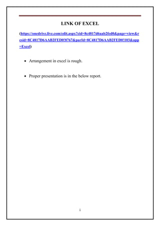 i
LINK OF EXCEL
(https://onedrive.live.com/edit.aspx?cid=8c4817d6aab2fed0&page=view&r
esid=8C4817D6AAB2FED0!8767&parId=8C4817D6AAB2FED0!103&app
=Excel)
 Arrangement in excel is rough.
 Proper presentation is in the below report.
 