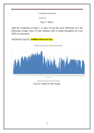 3
Fig 2.3. Step 3
After the completion of steps 1, 2, and 3 we got the excel. With help of it, the
following average value of solar radiation and its graph throughout the year
2020 was generated.
AVERAGE VALUE: 4.908634 kW-hr/m2
/day
Fig 2.4. Graph of solar energy
 