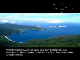 Autor (a) do texto: Desconhecido Ouvido Deus Colacio.j Pendant 60 secondes, arrête ce que tu es en train de réaliser et écoute attentivement... Persone ne peut t’empêcher de le faire... Tout ce que tu dois faire est de lire ceci. 
