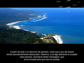 A partir de hoje e no decorrer da semana, verás que o teu dia estará
sendo abundantemente abençoado. Observa, e se algo diferente te suceder
esta semana, recorda-te desta mensagem, que
te foi enviada para que isso te suceda.
 