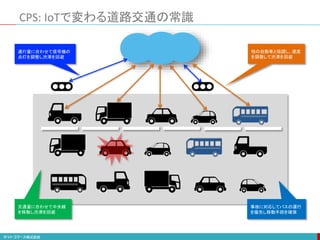 CPS: IoTで変わる道路交通の常識
36
他の自動車と協調し、速度
を調整して渋滞を回避
通行量に合わせて信号機の
点灯を調整し渋滞を回避
事故に対応してバスの運行
を優先し移動手段を確保
交通量に合わせて中央線
を移動し渋滞を回避
 
