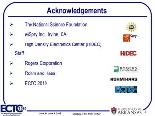 Acknowledgements The National Science Foundation wi Spry Inc., Irvine, CA High Density Electronics Center (HiDEC)  Staff Rogers Corporation Rohm and Hass ECTC 2010 Chowdhury ,   Li Sun, Shawn, and Ajay  