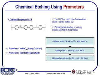 Chemical Etching  Using  Promoters The LCP burr need to be functionalized before it can be etched out Permanganate solution is a strong oxidizer can help in this process Chowdhury ,   Li Sun, Shawn, and Ajay  Chemical Property of LCP Promoter A: NaMnO 4  (Strong Oxidizer) Promoter B: NaOH (Strong Etchant) Oxidation of the LCP burr by 20 –  40% NaMnO4  Etching of the LCP burr by < 30% NaOH  5 Minutes Neuratilzation by  (3% H 2 SO 4  + 3% H 2 O 2 )   