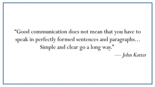 “Good communication does not mean that you have to
speak in perfectly formed sentences and paragraphs...
Simple and clear ...
