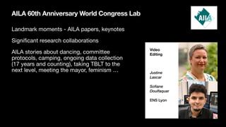 AILA 60th Anniversary World Congress Lab
Landmark moments - AILA papers, keynotes
Signi
fi
cant research collaborations
AILA stories about dancing, committee
protocols, camping, ongoing data collection
(17 years and counting), taking TBLT to the
next level, meeting the mayor, feminism …
Video
Editing
Justine
Lascar
Sofiane
Doulfaquar
ENS Lyon
 