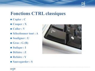 Fonctions CTRL classiques<br />Copier : C<br />Couper : X<br />Coller : V<br />Sélectionner tout : A<br />Souligner : U<br...