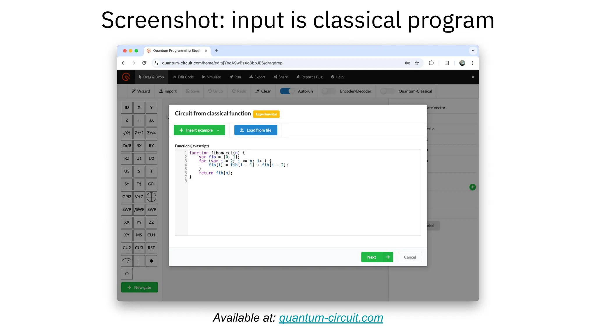 Screenshot: input is classical program
Available at: quantum-circuit.com