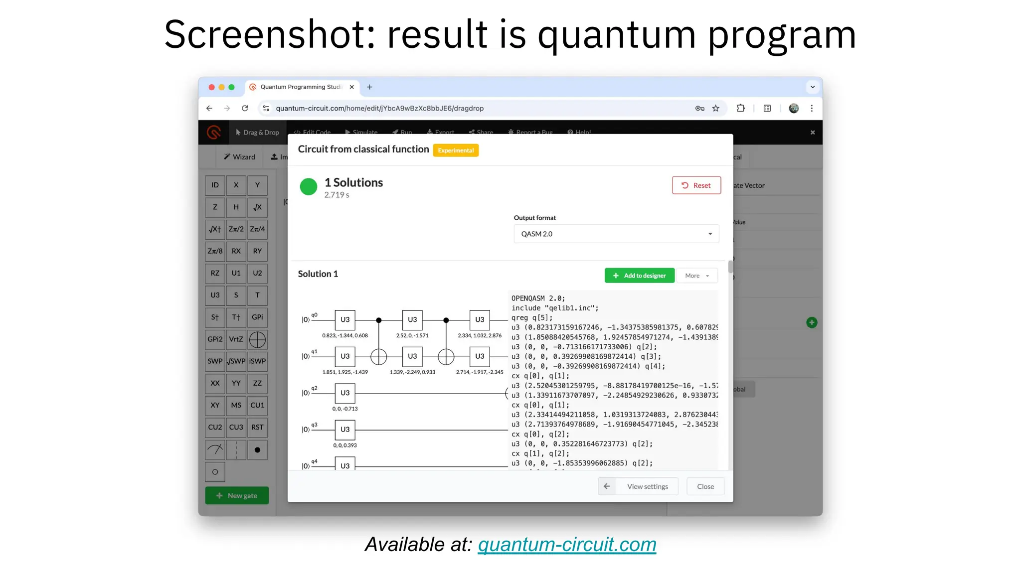 Screenshot: result is quantum program
Available at: quantum-circuit.com
