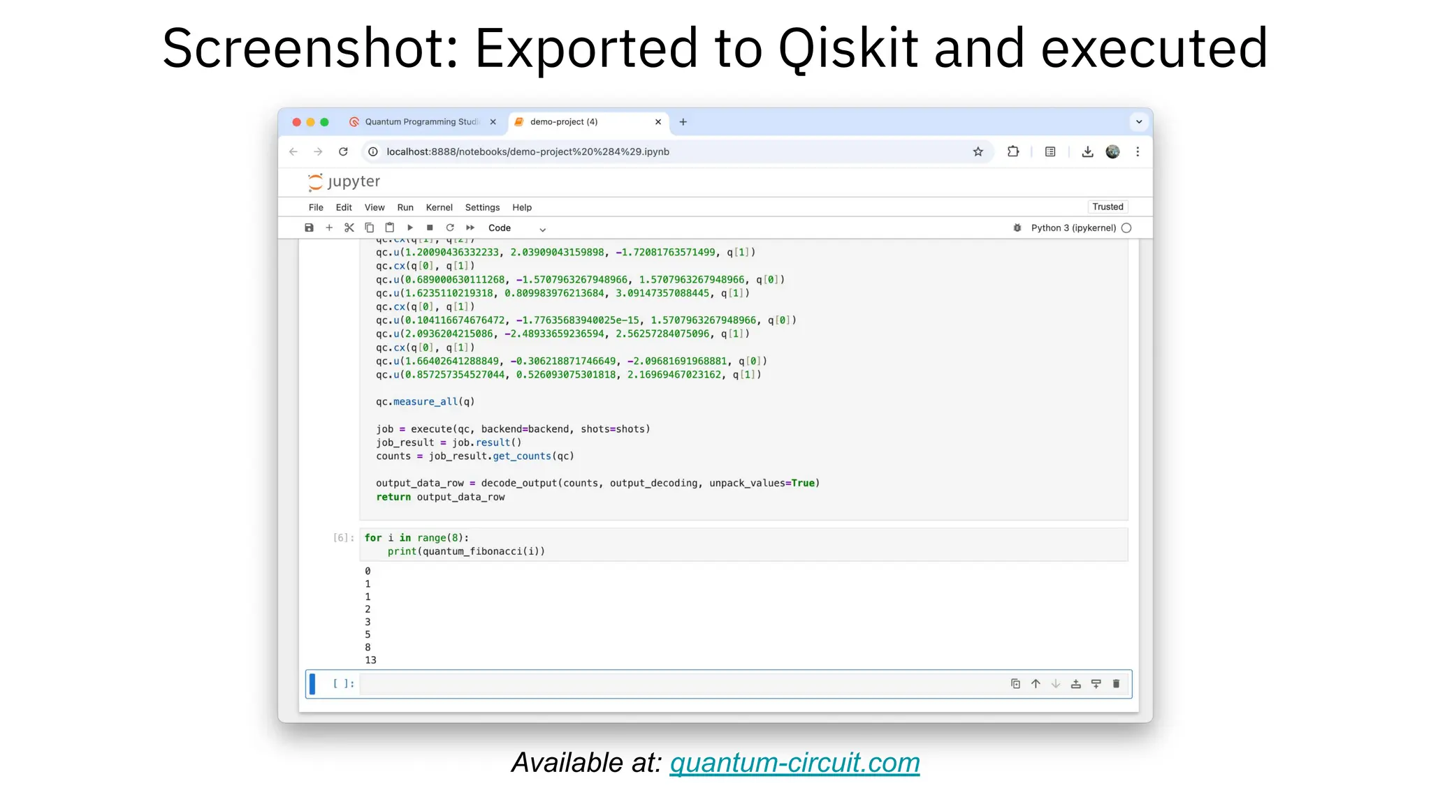 Screenshot: Exported to Qiskit and executed
Available at: quantum-circuit.com