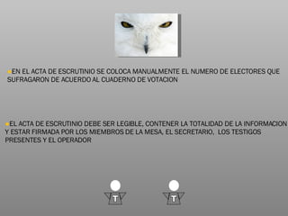 EN EL ACTA DE ESCRUTINIO SE COLOCA MANUALMENTE EL NUMERO DE ELECTORES QUE SUFRAGARON DE ACUERDO AL CUADERNO DE VOTACION EL ACTA DE ESCRUTINIO DEBE SER LEGIBLE, CONTENER LA TOTALIDAD DE LA INFORMACION Y ESTAR FIRMADA POR LOS MIEMBROS DE LA MESA, EL SECRETARIO,  LOS TESTIGOS PRESENTES Y EL OPERADOR T T 