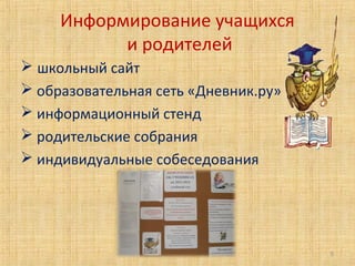 Информирование учащихся
и родителей
 школьный сайт
 образовательная сеть «Дневник.ру»
 информационный стенд
 родительские собрания
 индивидуальные собеседования
5
 