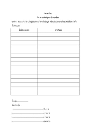 ใบงานที่ 1.2
เรื่องความสําคัญของสิ่งแวดล้อม
คําชี้แจง สังเกตสิ่งต่าง ๆ ที่อยู่รอบตัว แล้วบันทึกข้อมูล พร้อมทั้งบอกประโยชน์ของสิ่งเหล่านั้น
ที่มีต่อมนุษย์
สิ่งที่สังเกตเห็น ประโยชน์
ชื่อกลุ่ม...........................
สมาชิกกลุ่ม
1.........................................................................ประธาน
2.........................................................................กรรมการ
3.........................................................................กรรมการ
4.........................................................................เลขานุการ
 