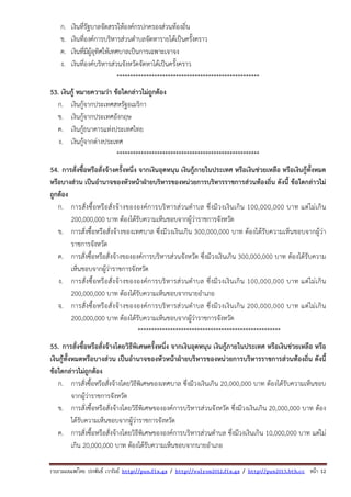 รวบรวมเผยแพรโดย ประพันธ เวารัมย http://pun.fix.gs / http://valrom2012.fix.gs / http://pun2013.bth.cc หนา 12
ก. เงินที่รัฐบาลจัดสรรให้องค์กรปกครองส่วนท้องถิ่น
ข. เงินที่องค์การบริหารส่วนตําบลจัดหารายได้เป็นครั้งคราว
ค. เงินที่มีผู้อุทิศให้เทศบาลเป็นการเฉพาะเจาจง
ง. เงินที่องค์บริหารส่วนจังหวัดจัดหาได้เป็นครั้งคราว
*****************************************************
53. เงินกู้ หมายความว่า ข้อใดกล่าวไม่ถูกต้อง
ก. เงินกู้จากประเทศสหรัฐอเมริกา
ข. เงินกู้จากประเทศอังกฤษ
ค. เงินกู้ธนาคารแห่งประเทศไทย
ง. เงินกู้จากต่างประเทศ
*****************************************************
54. การสั่งซื้อหรือสั่งจ้างครั้งหนึ่ง จากเงินอุดหนุน เงินกู้ภายในประเทศ หรือเงินช่วยเหลือ หรือเงินกู้ทั้งหมด
หรือบางส่วน เป็นอํานาจของหัวหน้าฝ่ายบริหารของหน่วยการบริหารราชการส่วนท้องถิ่น ดังนี้ ข้อใดกล่าวไม่
ถูกต้อง
ก. การสั่งซื้อหรือสั่งจ้างขององค์การบริหารส่วนตําบล ซึ่งมีวงเงินเกิน 100,000,000 บาท แต่ไม่เกิน
200,000,000 บาท ต้องได้รับความเห็นชอบจากผู้ว่าราชการจังหวัด
ข. การสั่งซื้อหรือสั่งจ้างของเทศบาล ซึ่งมีวงเงินเกิน 300,000,000 บาท ต้องได้รับความเห็นชอบจากผู้ว่า
ราชการจังหวัด
ค. การสั่งซื้อหรือสั่งจ้างขององค์การบริหารส่วนจังหวัด ซึ่งมีวงเงินเกิน 300,000,000 บาท ต้องได้รับความ
เห็นชอบจากผู้ว่าราชการจังหวัด
ง. การสั่งซื้อหรือสั่งจ้างขององค์การบริหารส่วนตําบล ซึ่งมีวงเงินเกิน 100,000,000 บาท แต่ไม่เกิน
200,000,000 บาท ต้องได้รับความเห็นชอบจากนายอําเภอ
จ. การสั่งซื้อหรือสั่งจ้างขององค์การบริหารส่วนตําบล ซึ่งมีวงเงินเกิน 200,000,000 บาท แต่ไม่เกิน
200,000,000 บาท ต้องได้รับความเห็นชอบจากผู้ว่าราชการจังหวัด
*****************************************************
55. การสั่งซื้อหรือสั่งจ้างโดยวิธีพิเศษครั้งหนึ่ง จากเงินอุดหนุน เงินกู้ภายในประเทศ หรือเงินช่วยเหลือ หรือ
เงินกู้ทั้งหมดหรือบางส่วน เป็นอํานาจของหัวหน้าฝ่ายบริหารของหน่วยการบริหารราชการส่วนท้องถิ่น ดังนี้
ข้อใดกล่าวไม่ถูกต้อง
ก. การสั่งซื้อหรือสั่งจ้างโดยวิธีพิเศษของเทศบาล ซึ่งมีวงเงินเกิน 20,000,000 บาท ต้องได้รับความเห็นชอบ
จากผู้ว่าราชการจังหวัด
ข. การสั่งซื้อหรือสั่งจ้างโดยวิธีพิเศษขององค์การบริหารส่วนจังหวัด ซึ่งมีวงเงินเกิน 20,000,000 บาท ต้อง
ได้รับความเห็นชอบจากผู้ว่าราชการจังหวัด
ค. การสั่งซื้อหรือสั่งจ้างโดยวิธีพิเศษขององค์การบริหารส่วนตําบล ซึ่งมีวงเงินเกิน 10,000,000 บาท แต่ไม่
เกิน 20,000,000 บาท ต้องได้รับความเห็นชอบจากนายอําเภอ
 