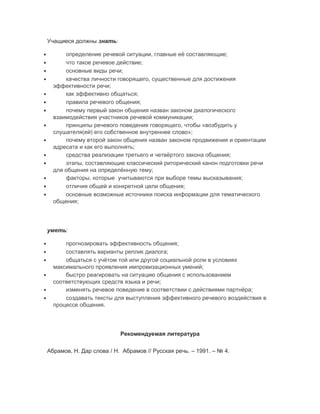Учащиеся должны знать:
• определение речевой ситуации, главные её составляющие;
• что такое речевое действие;
• основные виды речи;
• качества личности говорящего, существенные для достижения
эффективности речи;
• как эффективно общаться;
• правила речевого общения;
• почему первый закон общения назван законом диалогического
взаимодействия участников речевой коммуникации;
• принципы речевого поведения говорящего, чтобы «возбудить у
слушателя(ей) его собственное внутреннее слово»;
• почему второй закон общения назван законом продвижения и ориентации
адресата и как его выполнять;
• средства реализации третьего и четвёртого закона общения;
• этапы, составляющие классический риторический канон подготовки речи
для общения на определённую тему;
• факторы, которые учитываются при выборе темы высказывания;
• отличия общей и конкретной цели общения;
• основные возможные источники поиска информации для тематического
общения;
уметь:
• прогнозировать эффективность общения;
• составлять варианты реплик диалога;
• общаться с учётом той или другой социальной роли в условиях
максимального проявления импровизационных умений;
• быстро реагировать на ситуацию общения с использованием
соответствующих средств языка и речи;
• изменять речевое поведение в соответствии с действиями партнёра;
• создавать тексты для выступления эффективного речевого воздействия в
процессе общения.
Рекомендуемая литература
Абрамов, Н. Дар слова / Н. Абрамов // Русская речь. – 1991. – № 4.
 