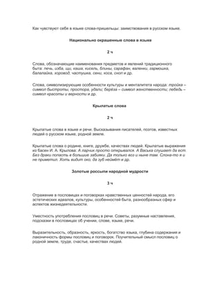 Как чувствуют себя в языке слова-пришельцы: заимствования в русском языке.
Национально окрашенные слова в языке
2 ч
Слова, обозначающие наименования предметов и явлений традиционного
быта: печь, изба, щи, каша, кисель, блины, сарафан, валенки, гармошка,
балалайка, хоровод, частушка, сени, коса, сноп и др.
Слова, символизирующие особенности культуры и менталитета народа: тройка –
символ быстроты, простора, удали; берёза – символ женственности; лебедь –
символ красоты и верности и др.
Крылатые слова
2 ч
Крылатые слова в языке и речи. Высказывания писателей, поэтов, известных
людей о русском языке, родной земле.
Крылатые слова о родине, книге, дружбе, качествах людей. Крылатые выражения
из басен И. А. Крылова: А ларчик просто открывался. А Васька слушает да ест.
Без драки попасть в большие забияки. Да только воз и ныне там. Слона-то я и
не приметил. Хоть видит око, да зуб неймёт и др.
Золотые россыпи народной мудрости
3 ч
Отражение в пословицах и поговорках нравственных ценностей народа, его
эстетических идеалов, культуры, особенностей быта, разнообразных сфер и
аспектов жизнедеятельности.
Уместность употребления пословиц в речи. Советы, разумные наставления,
подсказки в пословицах об учении, слове, языке, речи.
Выразительность, образность, яркость, богатство языка, глубина содержания и
лаконичность формы пословиц и поговорок. Поучительный смысл пословиц о
родной земле, труде, счастье, качествах людей.
 