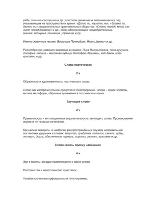 ряба, лисичка-сестричка и др.; глаголов движения и антонимических пар,
указывающих на пространство и время: «Долго ли, коротко ли», «Близко ли,
далеко ли»; выразительных сравнительных оборотов: «Стань передо мной, как
лист перед травой!» и др., слов, обозначающих неодобрительные
оценки: ворчунья, ленивица, упрямица и др.
Имена сказочных героев: Василиса Премудрая, Иван Царевич и др.
Разнообразие названия животных в сказках: Лиса Патрикеевна, лиса-кумушка,
Лисафья, лисица – масляная губица; Котофей Иванович, кот-баюн, кот-
красавец и др.
Слово поэтическое
2 ч
Образность и вдохновенность поэтического слова.
Слово как изобразительное средство в стихотворении. Слова – яркие эпитеты,
меткие метафоры, образные сравнения в поэтическом языке.
Звучащее слово
2 ч
Правильность и интонационная выразительность звучащего слова. Произношение
звуков и их трудных сочетаний.
Как нельзя говорить: о наиболее распространённых случаях неправильной
постановки ударения в словах: квартал, средства, каталог, свекла, арбуз,
эксперт, досуг, обеспечение, щавель, сироты, звонит, красивее и др.
Слово сквозь призму написания
4 ч
Зри в корень: загадки правописания в корне слова.
Постоянство и непостоянство приставок.
Узнаём изученные орфограммы и пунктограммы.
 