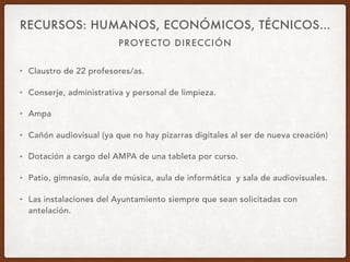 PROYECTO DIRECCIÓN
RECURSOS: HUMANOS, ECONÓMICOS, TÉCNICOS…
• Claustro de 22 profesores/as.
• Conserje, administrativa y personal de limpieza.
• Ampa
• Cañón audiovisual (ya que no hay pizarras digitales al ser de nueva creación)
• Dotación a cargo del AMPA de una tableta por curso.
• Patio, gimnasio, aula de música, aula de informática y sala de audiovisuales.
• Las instalaciones del Ayuntamiento siempre que sean solicitadas con
antelación.
 