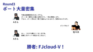 Round3
ボート大量密集
勝者: FJcloud-V！
Aさん
Aさん
今度は結構負荷が大きいですよ。
ボートを一箇所に大量に出現させて、一気に開放します。
すると、ボート同士が一瞬で大量にぶつかるので、負荷がかかります。
おー、これでも難なくこなしますね。
結構このサーバー頑丈かもしれない。
佐々木
どうですか？
 