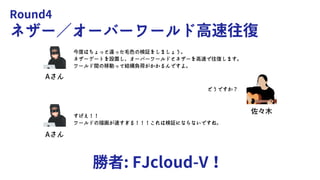 Round4
ネザー／オーバーワールド高速往復
勝者: FJcloud-V！
Aさん
Aさん
今度はちょっと違った毛色の検証をしましょう。
ネザーゲートを設置し、オーバーワールドとネザーを高速で往復します。
ワールド間の移動って結構負荷がかかるんですよ。
すげえ！！
ワールドの描画が速すぎる！！！これは検証にならないですね。
佐々木
どうですか？
 