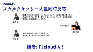 Round5
スカルクセンサー大量同時反応
勝者: FJcloud-V！
Aさん
Aさん
今度は、音に反応して処理を行うスカルクセンサーを大量に地面に敷き詰め、
その上に音符ブロックを置きます。すると、スカルクセンサーが大量に反応
するので、結構な負荷がかかります。
これは、結構難なく処理してくれますね。
それはそうとスカルクセンサーがうるさい。
佐々木
どうですか？
 
