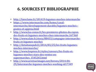6. SOURCES ET BIBLIOGRAPHIE
• http://lareclame.fr/101419-legumes-moches-intermarche
• https://www.intermarche.com/home/canal-
intermarche/developpement-durable/legumes-moches--
goutes-et-approu.html
• http://www.lsa-conso.fr/les-premieres-photos-du-rayon-
des-fruits-et-legumes-moches-chez-intermarche,167360
• http://www.slate.fr/story/88433/campagne-intermarche-
fruits-et-legumes-moches
• http://iletaitunepub.fr/2014/03/25/les-fruits-legumes-
moches-intermarche/
• http://www.lexpress.fr/styles/saveurs/les-fruits-et-
legumes-moches-stars-des-ventes-en-
supermarches_1545265.html
• http://www.arretsurimages.net/breves/2014-04-
29/Intermarche-legumes-moches-washing-id17349
 