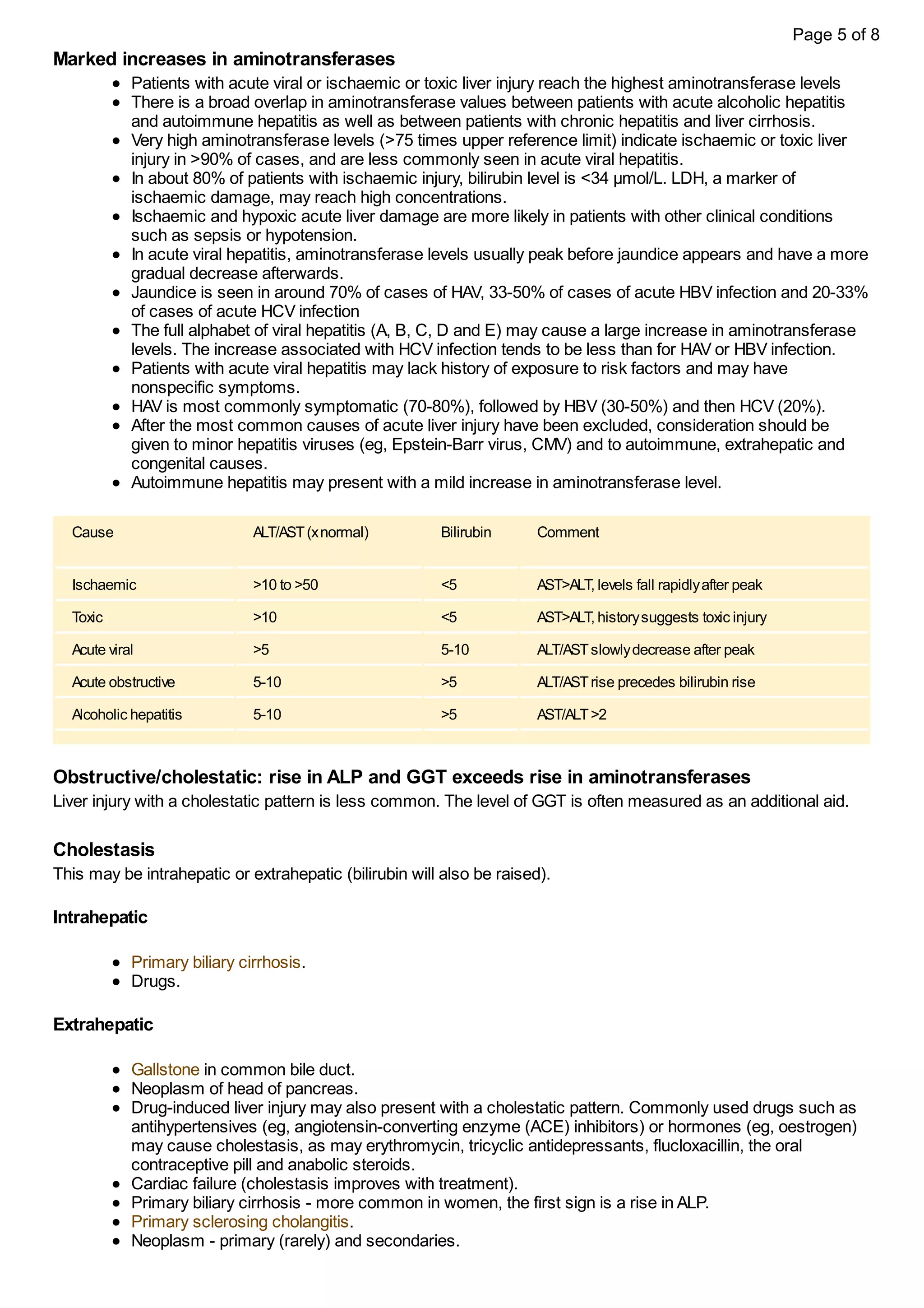 Marked increases in aminotransferases
Patients with acute viral or ischaemic or toxic liver injury reach the highest aminotransferase levels
There is a broad overlap in aminotransferase values between patients with acute alcoholic hepatitis
and autoimmune hepatitis as well as between patients with chronic hepatitis and liver cirrhosis.
Very high aminotransferase levels (>75 times upper reference limit) indicate ischaemic or toxic liver
injury in >90% of cases, and are less commonly seen in acute viral hepatitis.
In about 80% of patients with ischaemic injury, bilirubin level is <34 μmol/L. LDH, a marker of
ischaemic damage, may reach high concentrations.
Ischaemic and hypoxic acute liver damage are more likely in patients with other clinical conditions
such as sepsis or hypotension.
In acute viral hepatitis, aminotransferase levels usually peak before jaundice appears and have a more
gradual decrease afterwards.
Jaundice is seen in around 70% of cases of HAV, 33-50% of cases of acute HBV infection and 20-33%
of cases of acute HCV infection
The full alphabet of viral hepatitis (A, B, C, D and E) may cause a large increase in aminotransferase
levels. The increase associated with HCV infection tends to be less than for HAV or HBV infection.
Patients with acute viral hepatitis may lack history of exposure to risk factors and may have
nonspecific symptoms.
HAV is most commonly symptomatic (70-80%), followed by HBV (30-50%) and then HCV (20%).
After the most common causes of acute liver injury have been excluded, consideration should be
given to minor hepatitis viruses (eg, Epstein-Barr virus, CMV) and to autoimmune, extrahepatic and
congenital causes.
Autoimmune hepatitis may present with a mild increase in aminotransferase level.
Cause ALT/AST(xnormal) Bilirubin Comment
Ischaemic >10 to >50 <5 AST>ALT, levels fall rapidlyafter peak
Toxic >10 <5 AST>ALT, historysuggests toxic injury
Acute viral >5 5-10 ALT/ASTslowlydecrease after peak
Acute obstructive 5-10 >5 ALT/ASTrise precedes bilirubin rise
Alcoholic hepatitis 5-10 >5 AST/ALT>2
Obstructive/cholestatic: rise in ALP and GGT exceeds rise in aminotransferases
Liver injury with a cholestatic pattern is less common. The level of GGT is often measured as an additional aid.
Cholestasis
This may be intrahepatic or extrahepatic (bilirubin will also be raised).
Intrahepatic
Primary biliary cirrhosis.
Drugs.
Extrahepatic
Gallstone in common bile duct.
Neoplasm of head of pancreas.
Drug-induced liver injury may also present with a cholestatic pattern. Commonly used drugs such as
antihypertensives (eg, angiotensin-converting enzyme (ACE) inhibitors) or hormones (eg, oestrogen)
may cause cholestasis, as may erythromycin, tricyclic antidepressants, flucloxacillin, the oral
contraceptive pill and anabolic steroids.
Cardiac failure (cholestasis improves with treatment).
Primary biliary cirrhosis - more common in women, the first sign is a rise in ALP.
Primary sclerosing cholangitis.
Neoplasm - primary (rarely) and secondaries.
Page 5 of 8
 